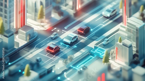 Wallpaper Mural A futuristic city with cars driving on a road with blue glowing lines representing data connections. Torontodigital.ca