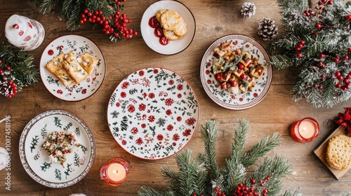 Flat lay of a Christmas table with festive decorations, plates of food, and holiday-themed tableware.