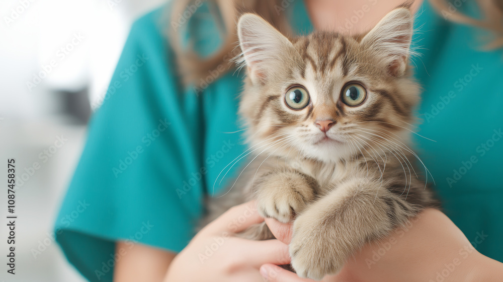 Veterinarian examining a small kitten at the veterinary clinic Veterinarian examining a small kitten at the veterinary clinic