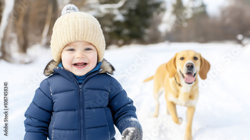 Joyful young child in cozy winter attire having fun with his pet in a snowy woodland