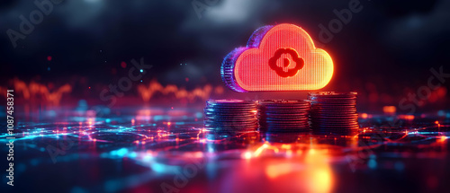 A vibrant digital cloud icon with coins, symbolizing cloud computing and data storage in a futuristic environment. photo