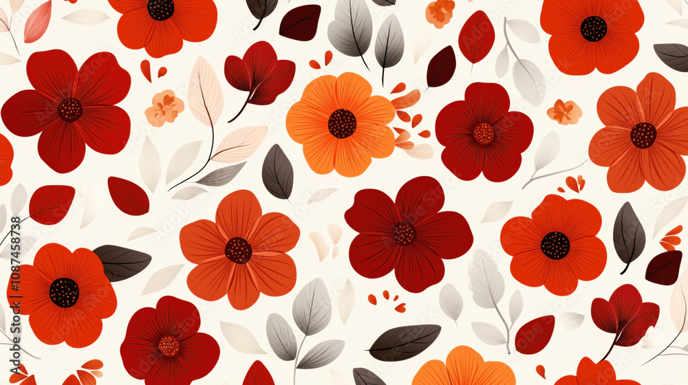 Seamless floral pattern with bright red and orange flowers and gray leaves on a light background. Seamless floral pattern with bright red and orange flowers and gray leaves on a light background.