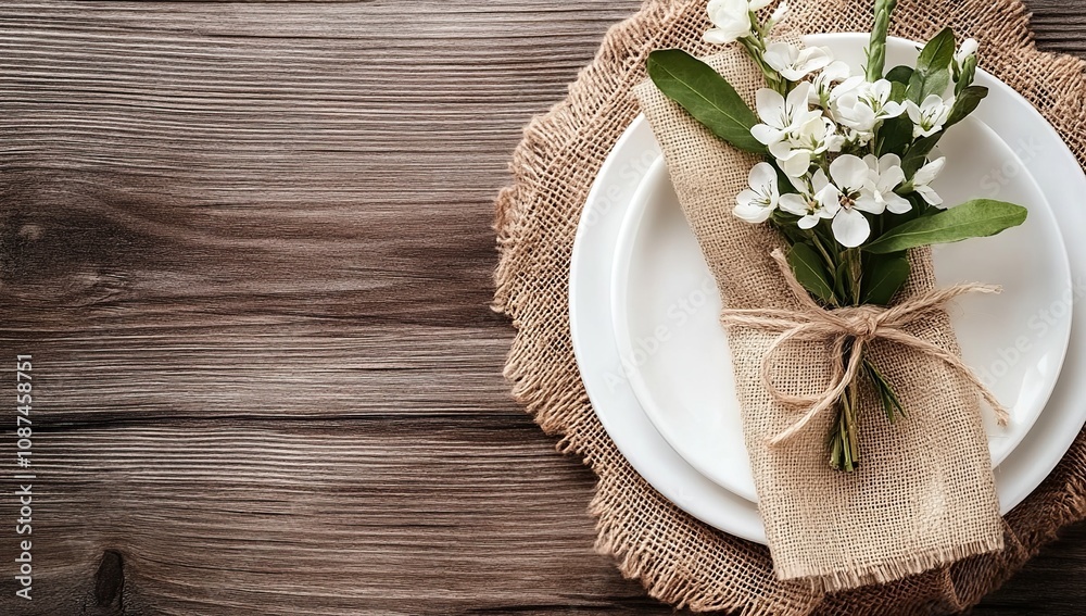 Rustic Elegance: A Table Setting with Delicate White Flowers Rustic Elegance: A Table Setting with Delicate White Flowers