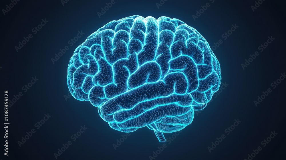 Blue Neon Outline of a Human Brain on Dark Background Representing Intelligence, Neurotechnology, and Artificial Intelligence Concepts in a Digital Era Blue Neon Outline of a Human Brain on Dark Background Representing Intelligence, Neurotechnology, and Artificial Intelligence Concepts in a Digital Era