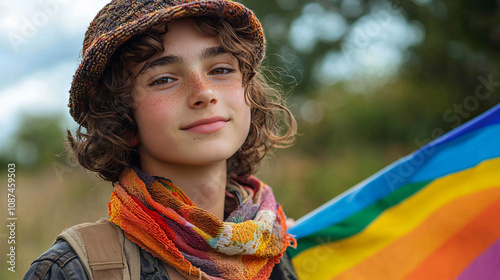 Happy androgynous teenager proudly holding a rainbow flag, expressing their individuality and celebrating gender identity with confidence photo