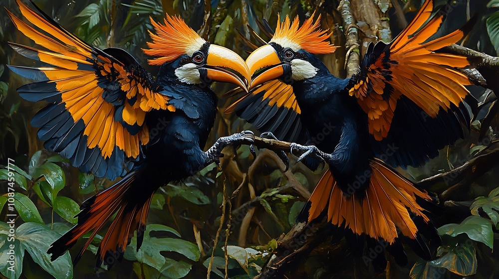 Obraz premium Stunning hornbills engaging in a dynamic forest interaction