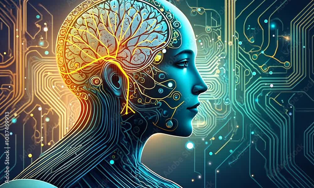 Microcircuits with wiring on an electronic board. AI, artificial intelligence concept, electronics and robotics.
