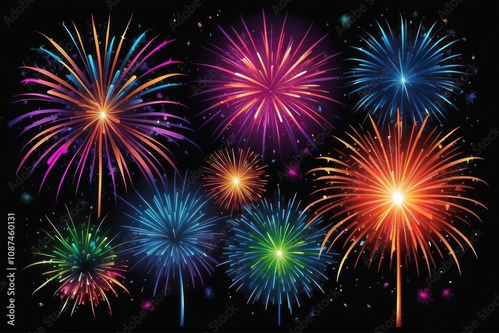 Fototapeta premium Colorful fireworks on night sky background. Celebration and holidays concept. Independence Day 4th of July, New Year, festival. Bright explosions of lights in sky. Place for your text.