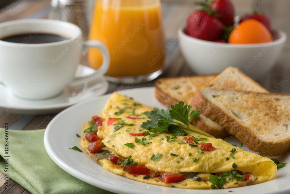 A hearty breakfast with a vegetable omelet, toast, fresh fruit, and orange juice served with coffee. A hearty breakfast with a vegetable omelet, toast, fresh fruit, and orange juice served with coffee.