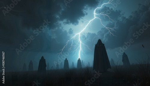 Sinister omen background with stormy skies and dark lightning, silhouettes of ominous figures in the distance