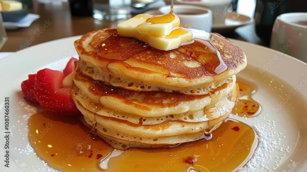 A stack of three golden-brown pancakes topped with butter and a drizzle of maple syrup, served with fresh strawberries.