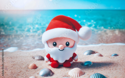 Cute toy character of Santa Claus in summer weather holiday, warm Christmas celebration seasons greeting, happy jolly, new year festival, kids toy