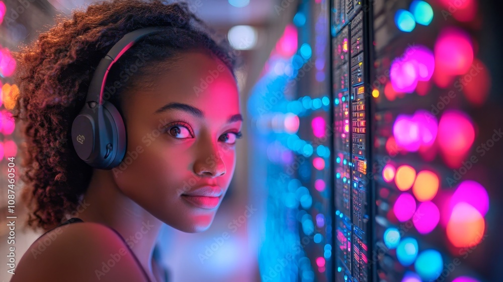 A woman adjusts server settings in a data center with vibrant lights in the evening hours A woman adjusts server settings in a data center with vibrant lights in the evening hours