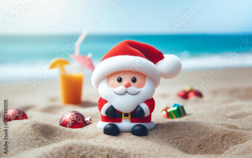  Cute toy character of Santa Claus in summer weather holiday, warm Christmas celebration seasons greeting, happy jolly, new year festival, kids toy