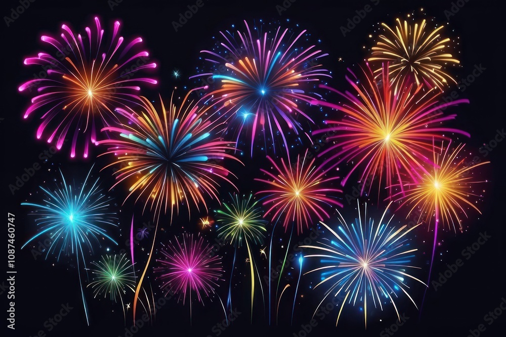 Naklejka premium Colorful fireworks on night sky background. Celebration and holidays concept. Independence Day 4th of July, New Year, festival. Bright explosions of lights in sky. Place for your text.