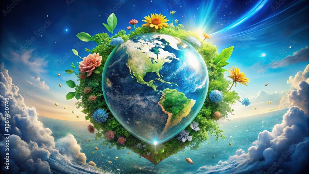 Naklejka premium A Vibrant Earth Surrounded by Lush Greenery and Blooming Flowers, a Symbol of Nature's Beauty and Renewal