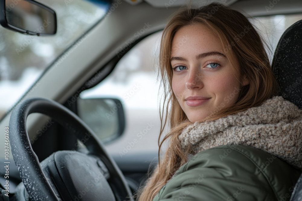 Portrait of a beautiful young woman driving a car in the city at sunset Portrait of a beautiful young woman driving a car in the city at sunset