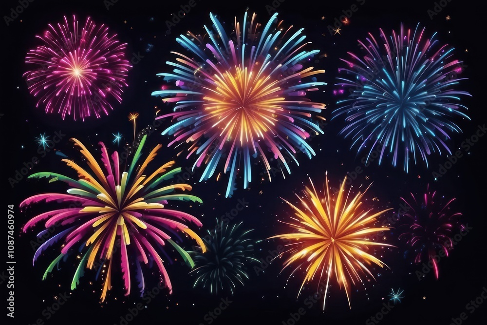 Fototapeta premium Colorful fireworks on night sky background. Celebration and holidays concept. Independence Day 4th of July, New Year, festival. Bright explosions of lights in sky. Place for your text.