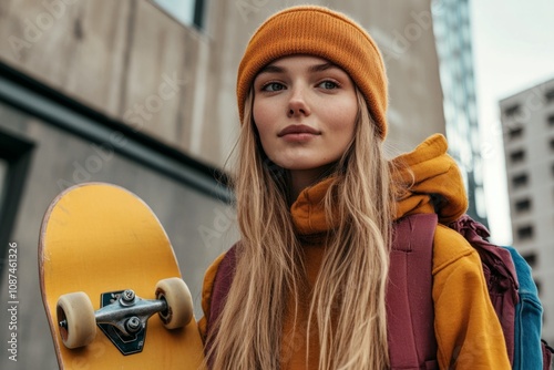 Stylish blonde skater girl posing with yellow skateboard in urban setting photo