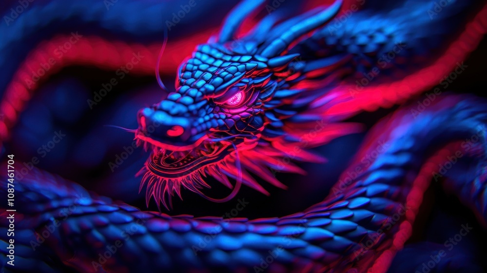 Enigmatic Neon Dragon Artwork with Intricate Scales Highlighting Powerful Presence and Mystical Aura in Vivid Blue and Pink Lighting Enigmatic Neon Dragon Artwork with Intricate Scales Highlighting Powerful Presence and Mystical Aura in Vivid Blue and Pink Lighting