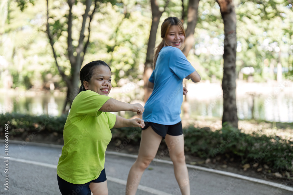 Young Disabled Woman Stretches Muscles with Friend in Park, Embracing Fitness and Friendship in an Inclusive Outdoor Setting Young Disabled Woman Stretches Muscles with Friend in Park, Embracing Fitness and Friendship in an Inclusive Outdoor Setting