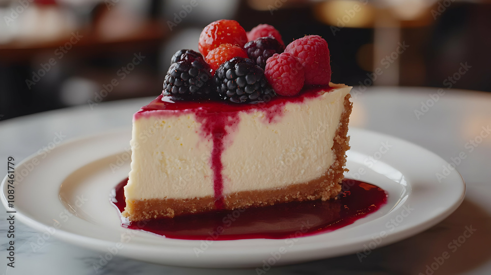 Delicious cheesecake topped with assorted berries and drizzled with fruit sauce, perfect for dessert lovers. Delicious cheesecake topped with assorted berries and drizzled with fruit sauce, perfect for dessert lovers.
