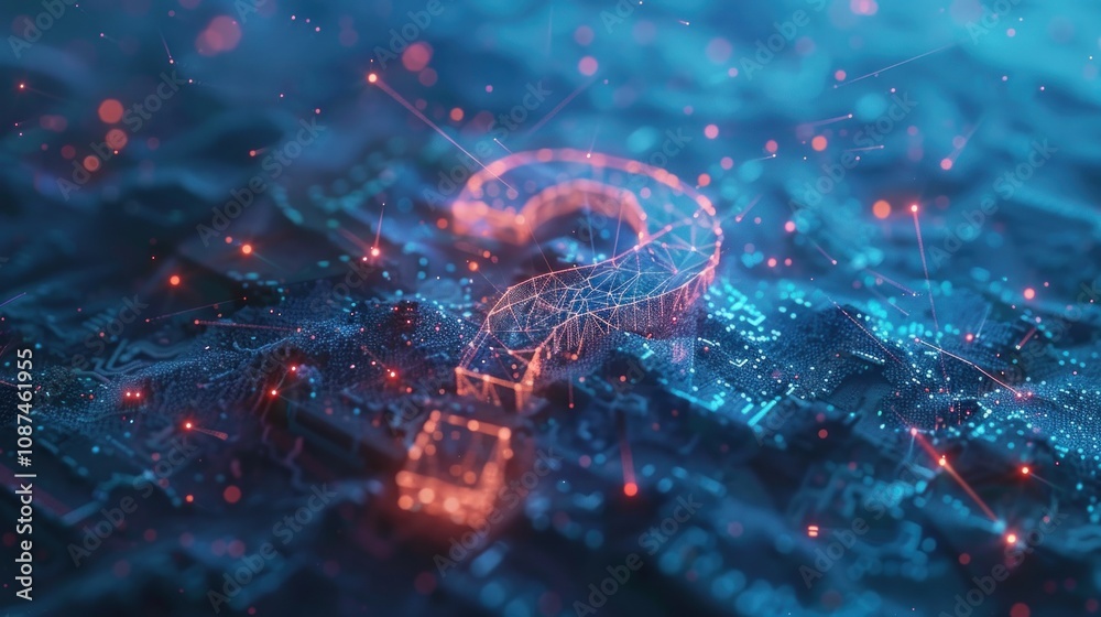 A glowing question mark made of connected lines on a dark textured background with glowing red dots. A glowing question mark made of connected lines on a dark textured background with glowing red dots.
