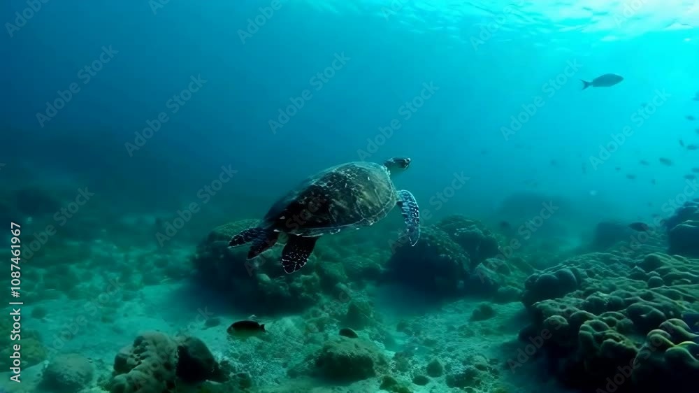 A turtle swimming in the ocean. The turtle is surrounded by rocks and coral. The water is clear and blue A turtle swimming in the ocean. The turtle is surrounded by rocks and coral. The water is clear and blue