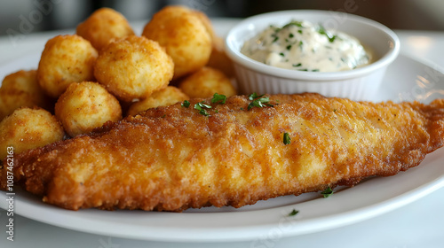 Delicious golden fried fish served with crispy bites and creamy sauce, perfect for a hearty meal.