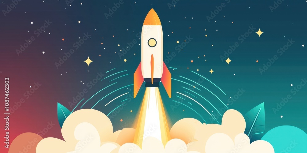 A colorful illustration of a rocket launching into space against a starry background, symbolizing adventure and exploration. A colorful illustration of a rocket launching into space against a starry background, symbolizing adventure and exploration.