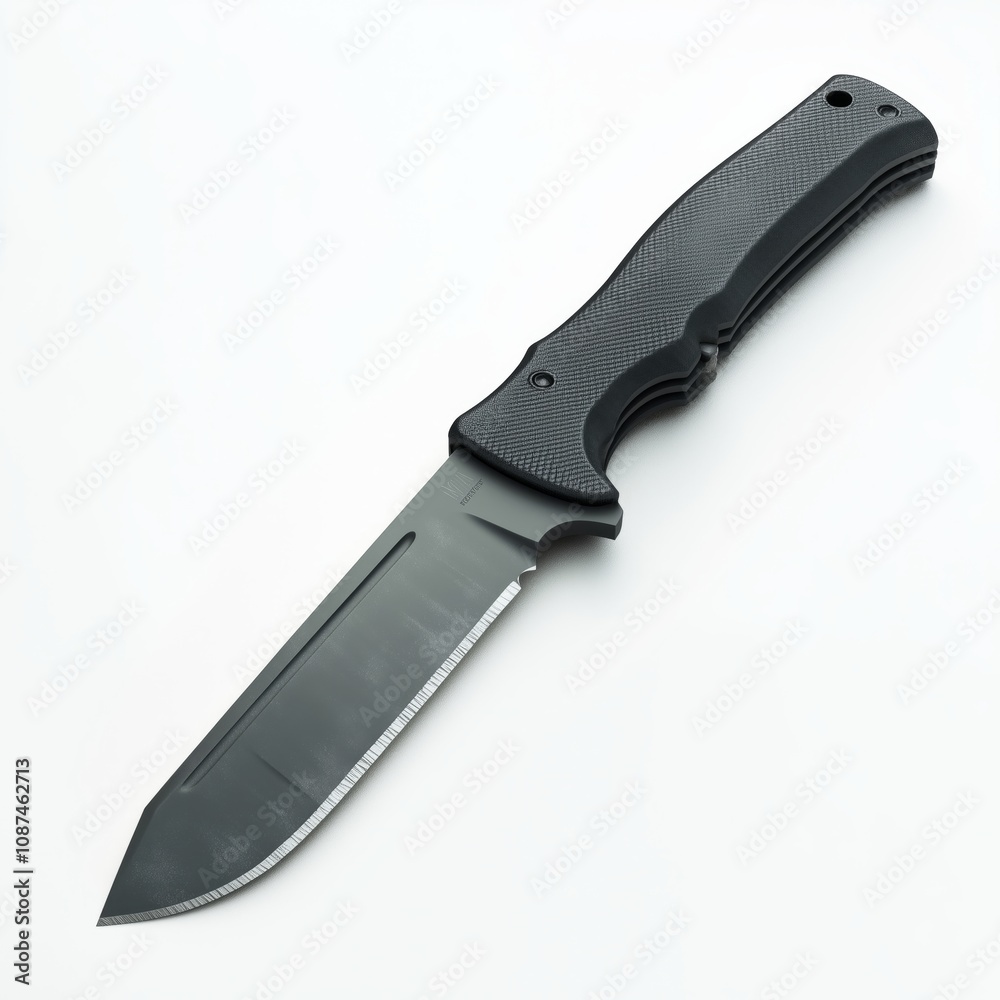 Rugged Survival Knife with Black Textured Grip and Serrated Blade Detail - Game Art Concept Isolated on White Background Rugged Survival Knife with Black Textured Grip and Serrated Blade Detail - Game Art Concept Isolated on White Background