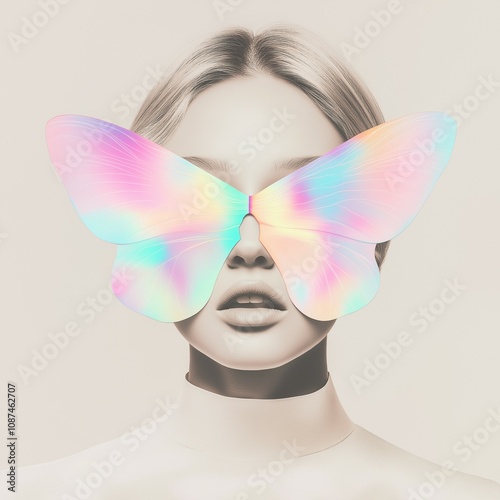 A surreal portrait of a woman wearing large, rainbow butterfly wings over her eyes.