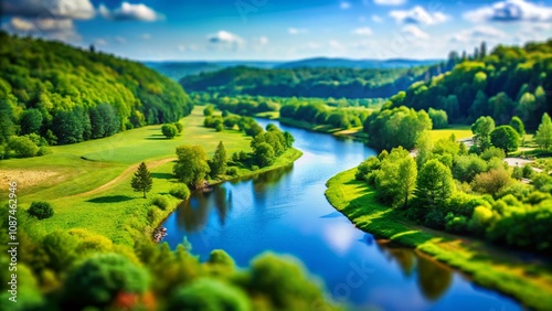 Stunning Tilt-Shift Photography of a Serene Landscape Perfect for Computer Desktop Wallpaper Featuring Lush Greenery and a Tranquil River Under a Clear Blue Sky