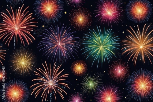 Colorful fireworks on night sky background. Celebration and holidays concept. Independence Day 4th of July, New Year, festival. Bright explosions of lights in sky. Place for your text.