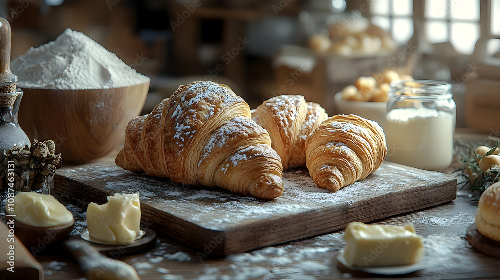 Freshly baked croissants on a rustic wooden table, surrounded by flour and butter, evoking a warm bakery atmosphere.