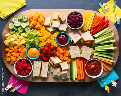 A colorful and playful spread of healthy snacks perfect for a children's gathering or afternoon playdate with friends