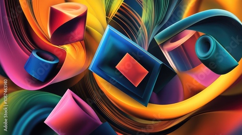 A collection of geometric shapes in motion, intertwined with colorful swirls, representing the complexity and fluidity of thought.