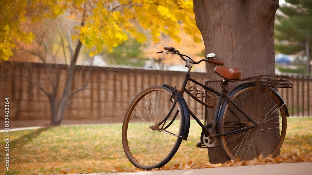 Naklejka premium Vintage Bicycle Leaned Against Tree Autumn Leaves