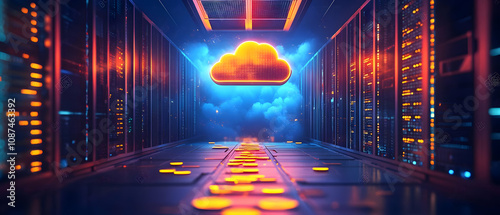Futuristic data center with cloud computing visualization in a vibrant, digital environment showcasing innovation.