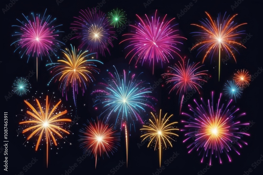 Fototapeta premium Colorful fireworks on night sky background. Celebration and holidays concept. Independence Day 4th of July, New Year, festival. Bright explosions of lights in sky. Place for your text.