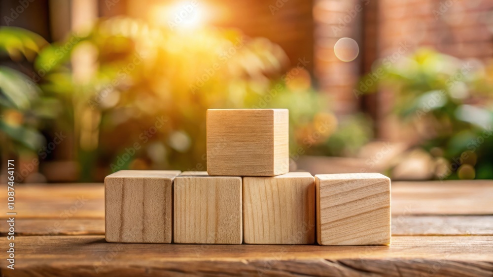 Wooden blocks stacked on a rustic wooden table with a blurred background of greenery and sunbeams. Wooden blocks stacked on a rustic wooden table with a blurred background of greenery and sunbeams.