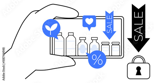 Hand holding smartphone displaying various bottles with sale icons, percentage symbol, love icon, plant icon, and a lock. Ideal for e-commerce, online shopping, mobile apps, discounts promotions