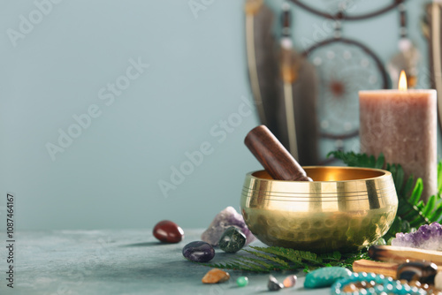 Golden Singing Bowl with Crystals and Green Ferns