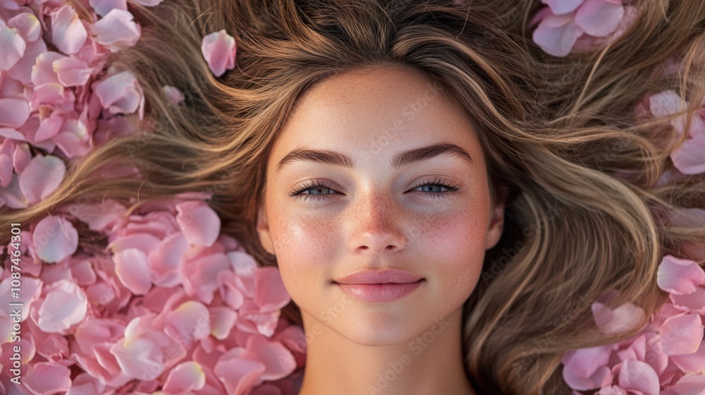 Serene Beauty: Portrait of a Woman Among Pink Petals Serene Beauty: Portrait of a Woman Among Pink Petals