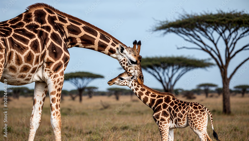 Mother and baby giraffe bonding in the African wilderness. Mother and baby giraffe bonding in the African wilderness.