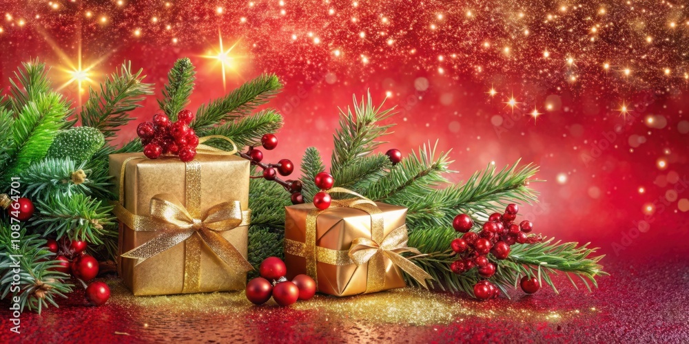 Festive Christmas Gifts Adorned with Gold Ribbons and Holly Berries Against a Sparkling Red Background Festive Christmas Gifts Adorned with Gold Ribbons and Holly Berries Against a Sparkling Red Background