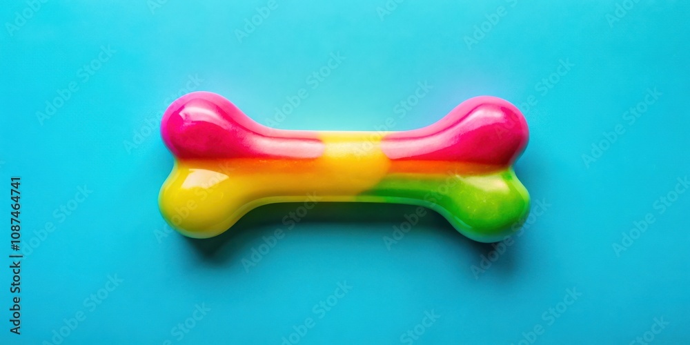 A vibrant and colorful dog bone toy against a bright blue background. The bone is a playful and fun object that would be perfect for any dog. A vibrant and colorful dog bone toy against a bright blue background. The bone is a playful and fun object that would be perfect for any dog.