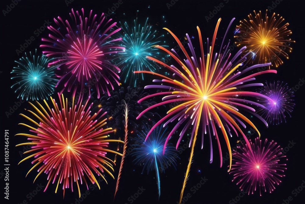 Naklejka premium Colorful fireworks on night sky background. Celebration and holidays concept. Independence Day 4th of July, New Year, festival. Bright explosions of lights in sky. Place for your text.