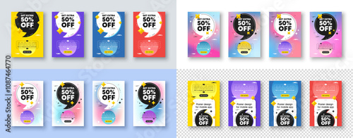Poster templates design with quote, comma. Get Extra 50 percent off Sale. Discount offer price sign. Special offer symbol. Save 50 percentages. Extra discount poster frame message. Vector