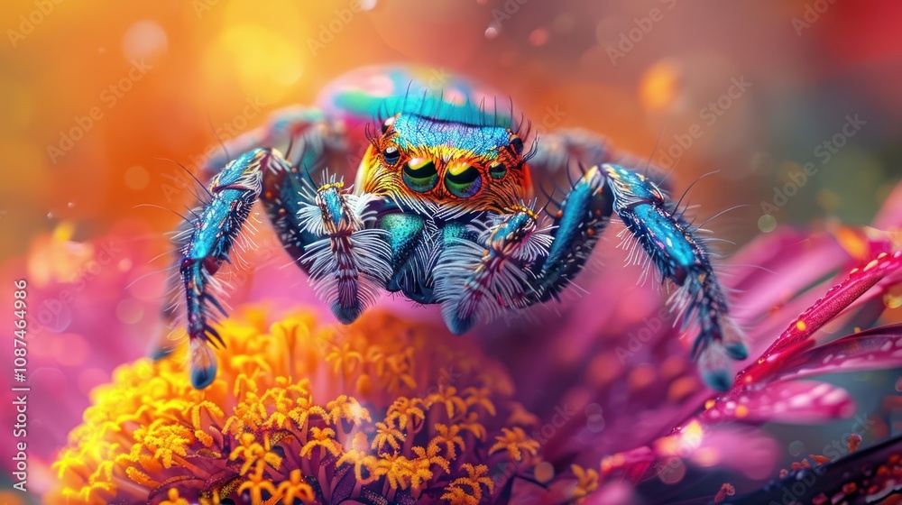 A vibrant, blue and yellow jumping spider with large eyes perched on a pink and yellow flower with a bokeh background.